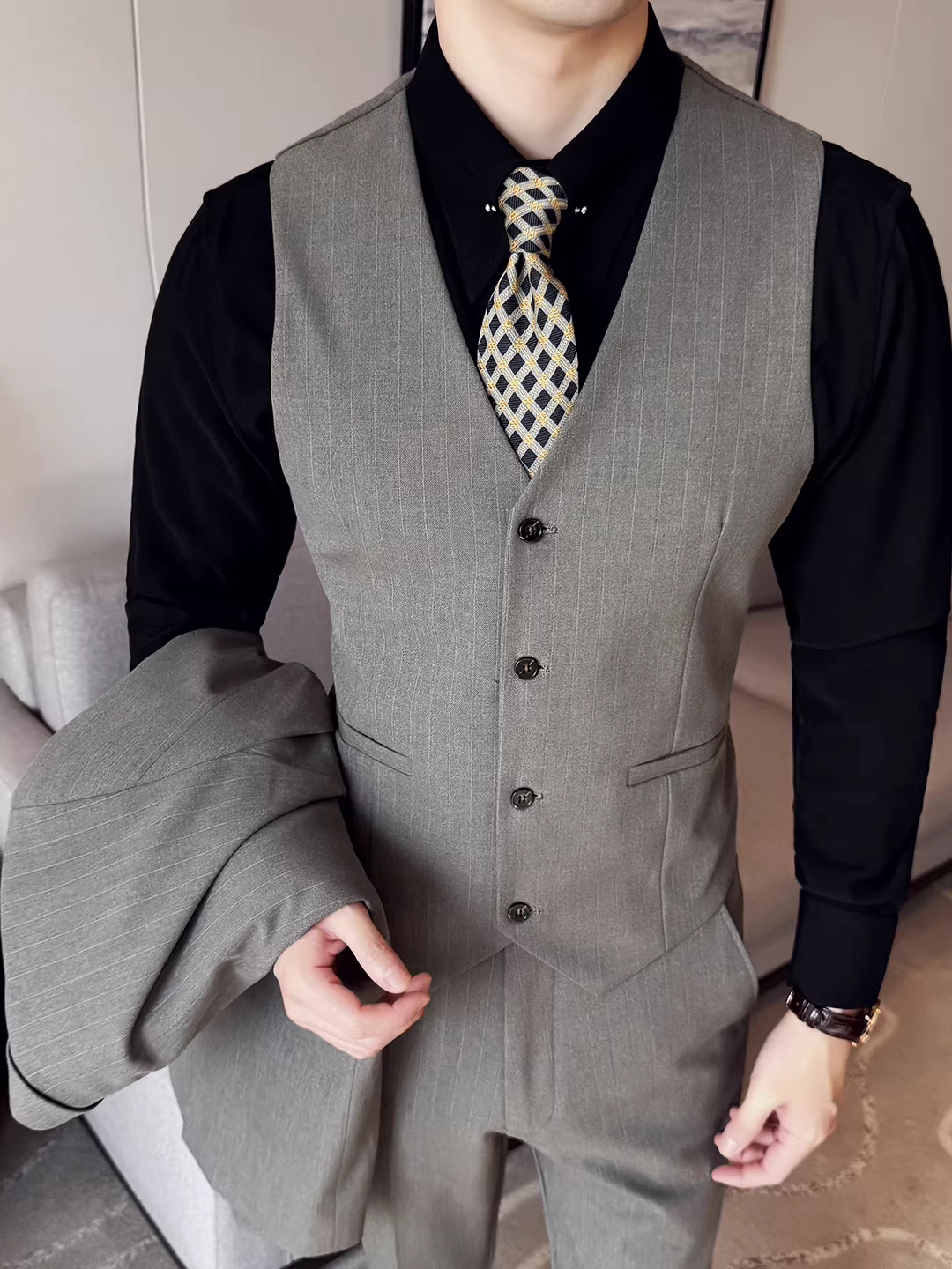 Bộ vest kẻ sọc dành cho nam, vest công sở cao cấp, kiểu dáng ôm body thời thượng, vest đa năng và quần âu hai mảnh