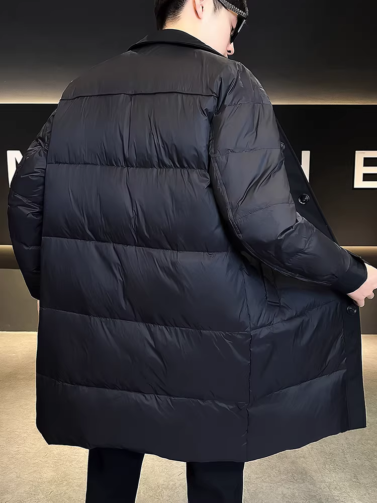 Áo khoác phao nam dài trung bình chất lượng cao tiêu chuẩn quốc gia 90%, kiểu mới mùa đông 2025, phối màu, cổ áo phối, dày dặn