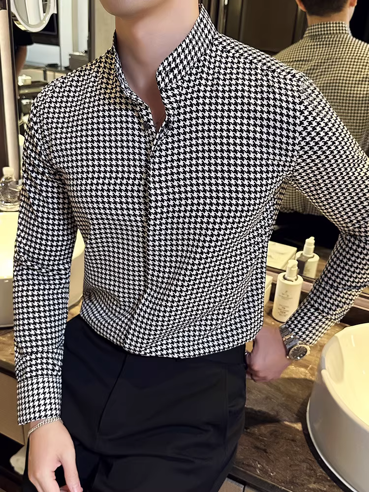 Áo sơ mi nam cổ đứng họa tiết răng cưa, dài tay, cao cấp, phong cách công sở giản dị, đa năng, ôm dáng, sành điệu, phong cách Anh, áo sơ mi cá tính