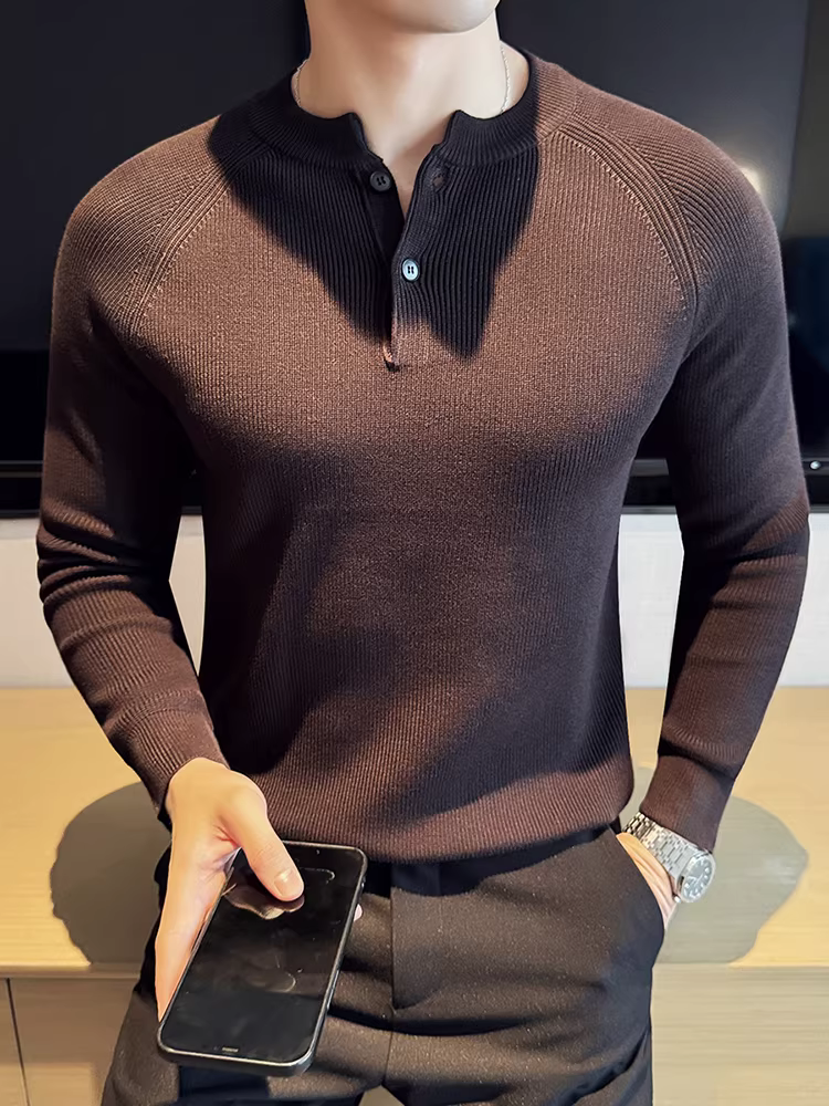 Áo len cổ Henry tay raglan dành cho nam, dài tay, dày dặn cho mùa thu đông, cao cấp, thời trang, hợp xu hướng, áo thun dệt kim ôm dáng.