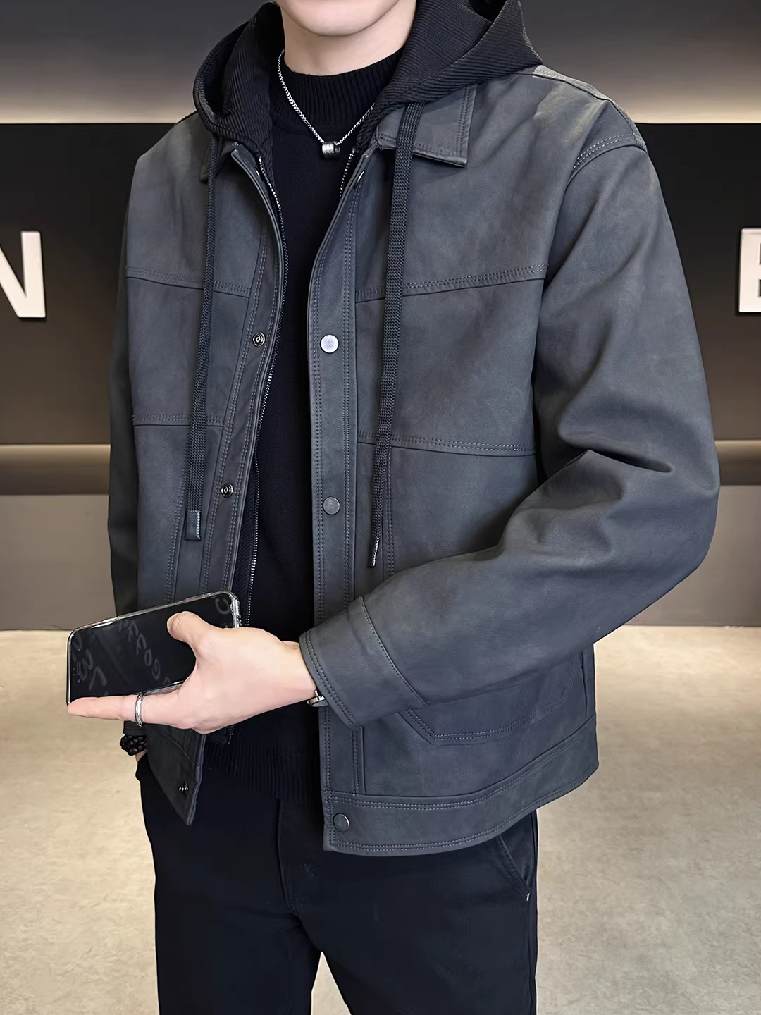 Áo khoác da có mũ trùm đầu có thể tháo rời hai mảnh mùa thu đông dành cho nam, áo khoác lót lông cừu