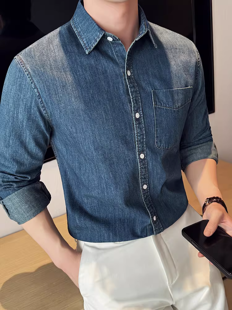 Áo sơ mi denim cotton giặt mềm cho nam, tay dài, mùa xuân thu, cao cấp, phong cách thường ngày, thời trang retro hợp xu hướng, có túi.