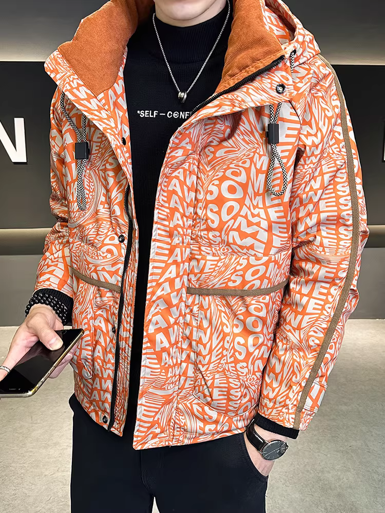 Áo khoác có mũ trùm đầu in hình cao cấp dành cho nam, mùa đông dày dặn, kiểu dáng thời trang, ôm dáng, ngắn gọn, chất lượng cao