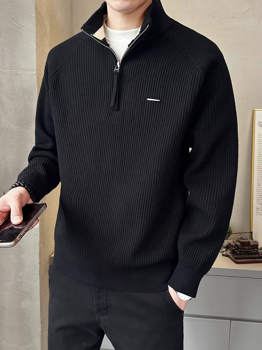 Áo len có khóa kéo bằng vải lyocell chống xù dành cho nam, dài tay, dày dặn cho mùa thu đông, dáng rộng, áo khoác dệt kim đa năng, áo lót.