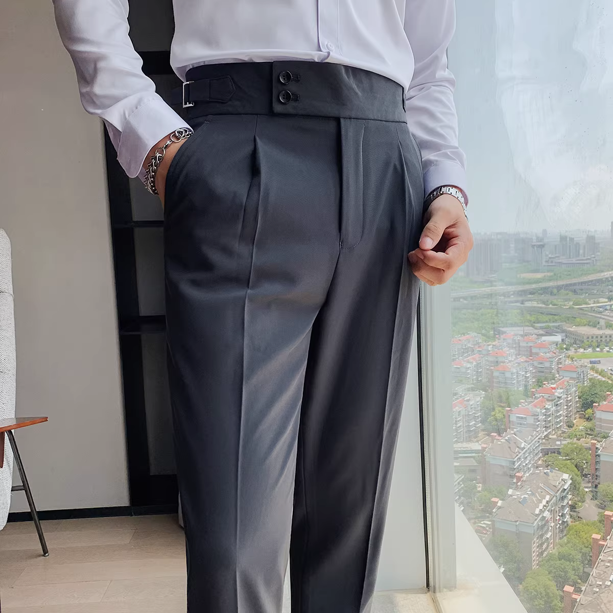 Quần âu nam mùa thu, kiểu dáng thẳng ống Naples, quần âu lưng cao, quần âu công sở ôm dáng kiểu Anh