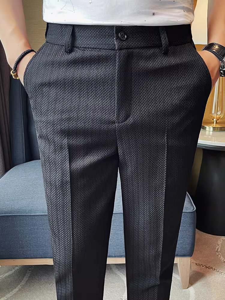 Quần âu nam lưng thun, kiểu dáng chín phần, chất liệu mỏng mùa xuân hè, thời trang và cao cấp, kiểu dáng ôm body, chống nhăn.