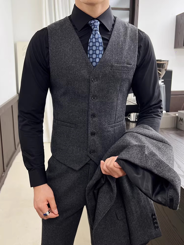 Áo vest len kẻ xương cá nam, vest công sở mùa thu đông mới, vest cưới, vest phù rể