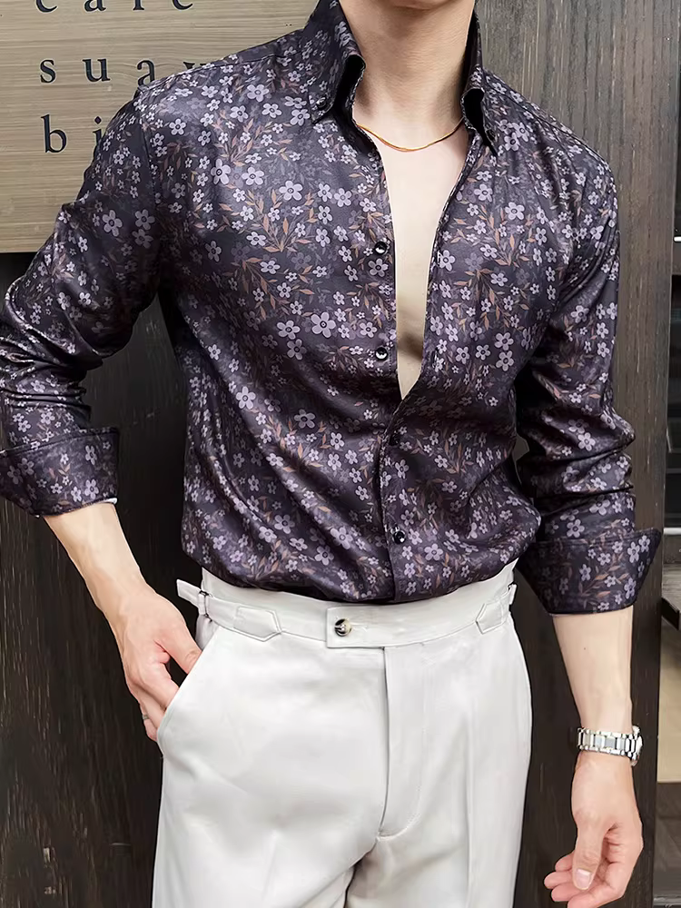 Áo sơ mi nam cổ chữ V in họa tiết, tay dài, kiểu xuân thu mới, hợp thời trang, cao cấp, công sở lịch sự, chống nhăn