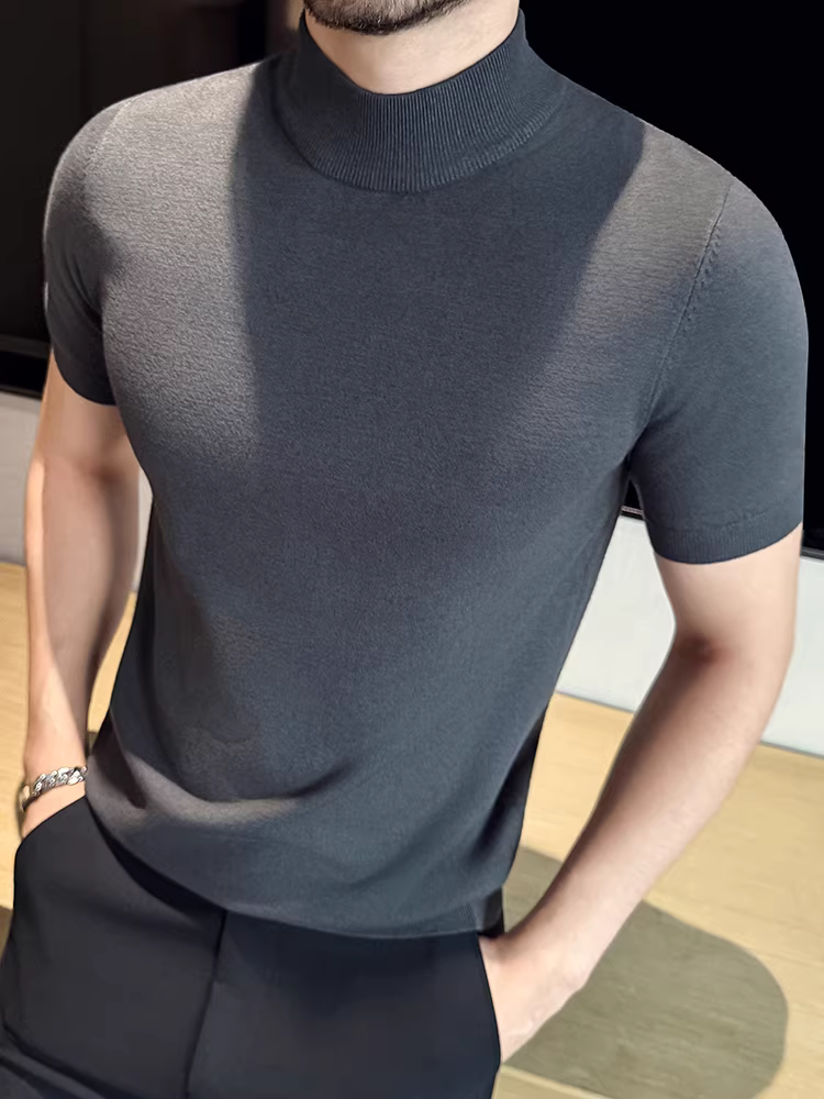 Áo len nam cổ lọ nửa cao tay ngắn mùa thu 2025 chất lượng cao thời trang ôm dáng cổ trung bình chất liệu dệt kim