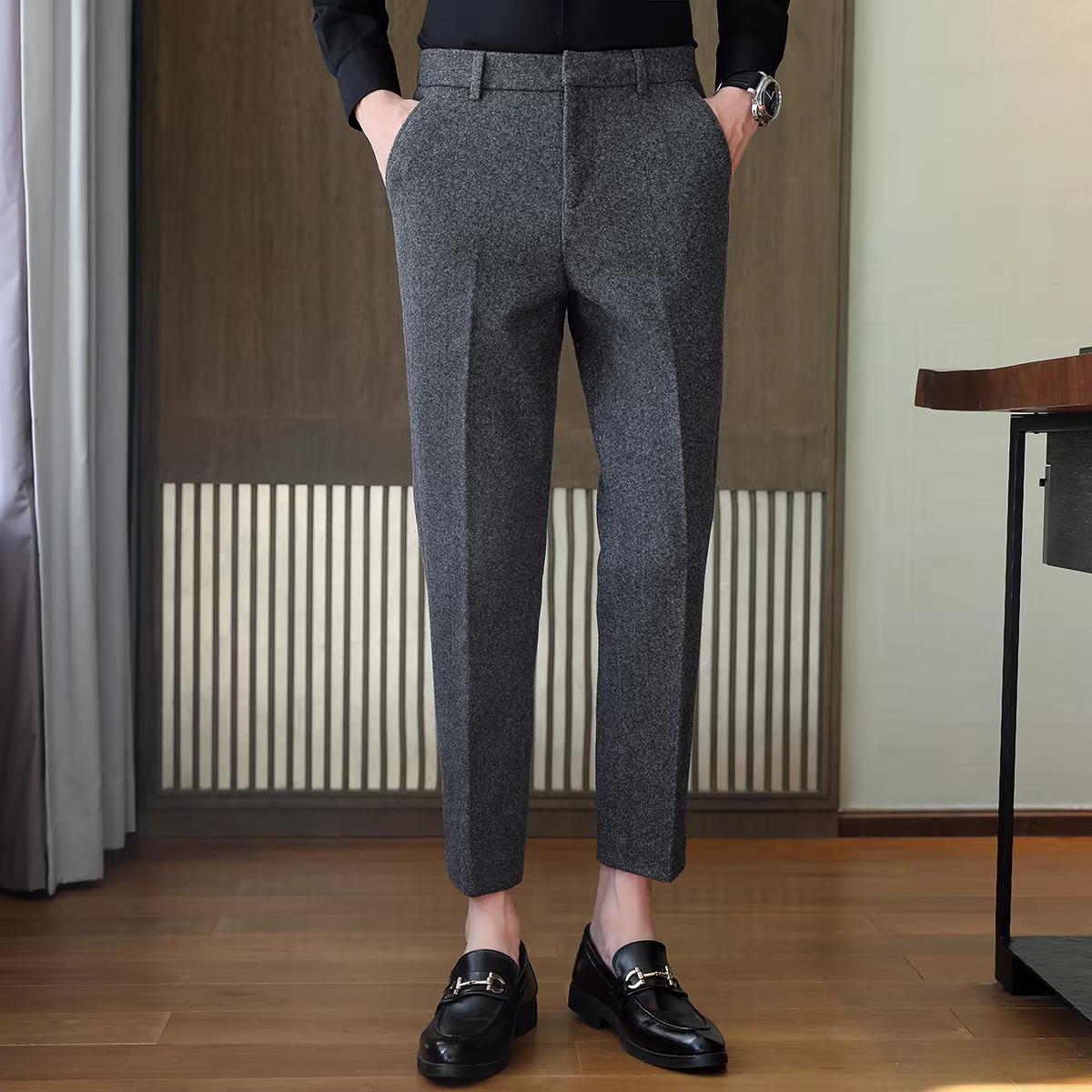 Quần âu nam chất liệu len dày, mùa thu đông, ấm áp, quần cao cấp, kiểu dáng ôm body, chất liệu có vân, quần dài, không nhăn, thích hợp cho công việc.