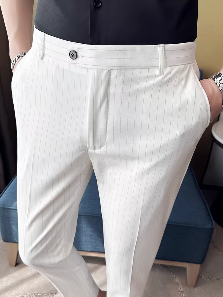 Quần âu nam chín phần, quần kaki kẻ sọc mỏng mùa hè, quần âu kiểu Hàn Quốc thời trang ôm dáng cao cấp lịch lãm