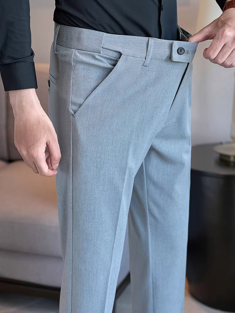 Quần âu nam chất liệu thun co giãn, kiểu dáng xuông, màu trơn cao cấp, đa năng, chất liệu mềm mại, ôm dáng, lịch sự và không nhăn.