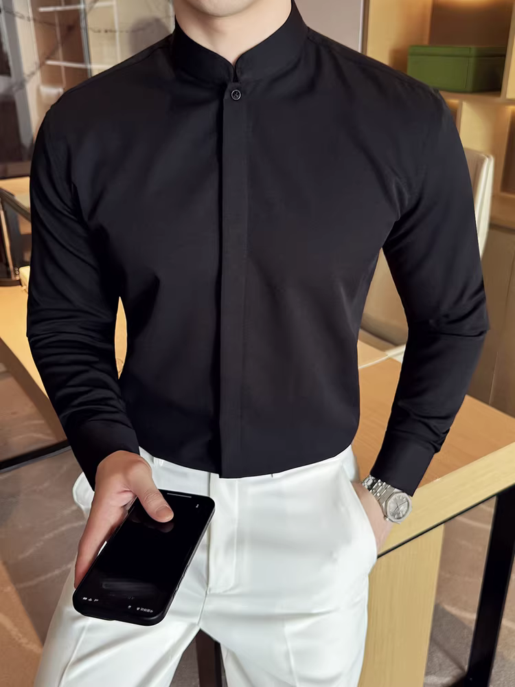 Áo sơ mi nam dài tay cổ đứng kiểu Trung Quốc mới có cúc ẩn, cao cấp, hợp thời trang, ôm dáng, chống nhăn, dễ chăm sóc, áo sơ mi trắng công sở