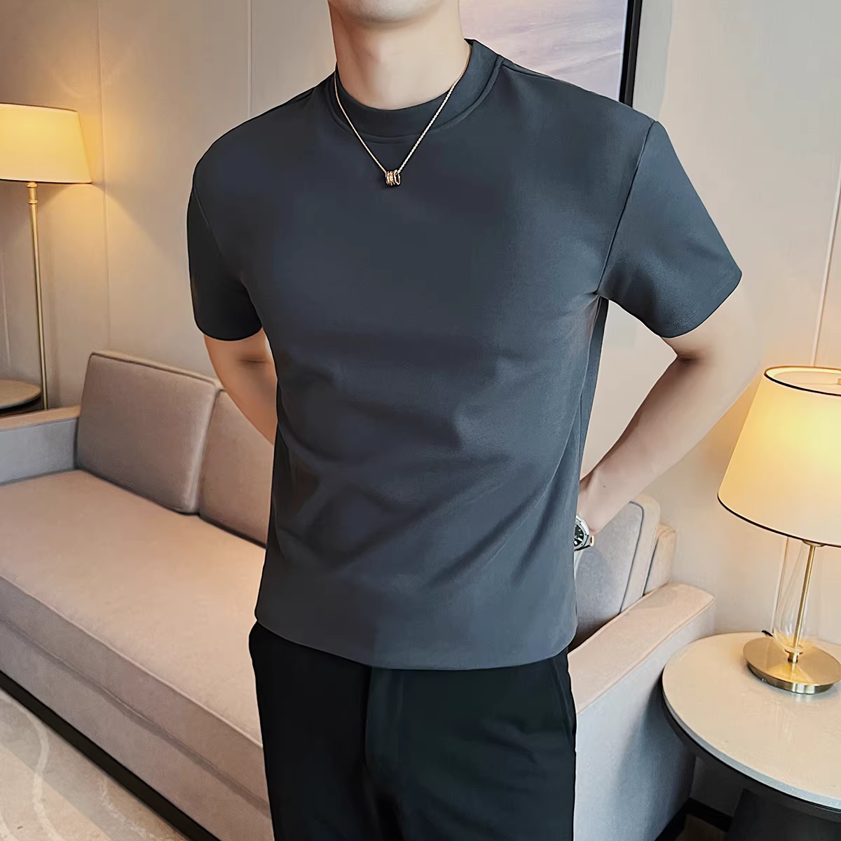 Áo sơ mi giữ nhiệt dành cho nam mùa thu đông, dày dặn và ấm áp, cổ tròn, tay ngắn, áo thun lông cừu hai mặt, vừa vặn, đa năng và hợp thời trang để mặc nhiều lớp.