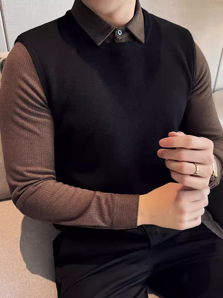 Áo len giả hai mảnh dành cho nam, dài tay, thu đông, dày dặn, ấm áp, cao cấp, phong cách công sở giản dị, áo sơ mi dệt kim phối màu.