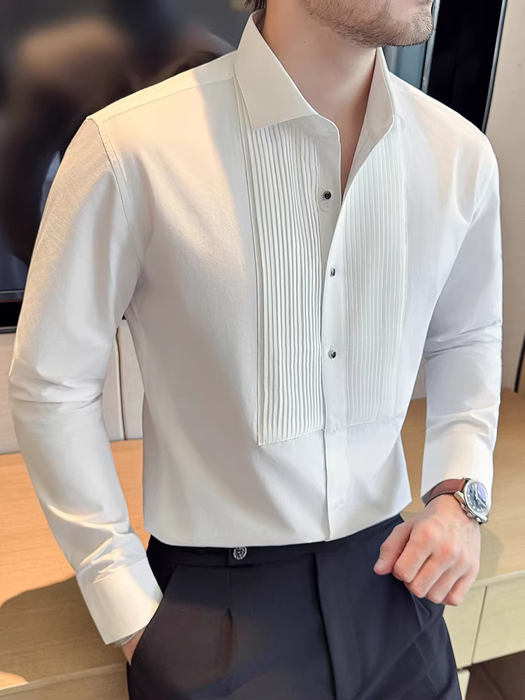 Áo sơ mi nam xếp ly, tay dài, chất lượng cao, trang phục công sở lịch sự, dễ chăm sóc, chống nhăn, áo chủ nhà tiệc cưới