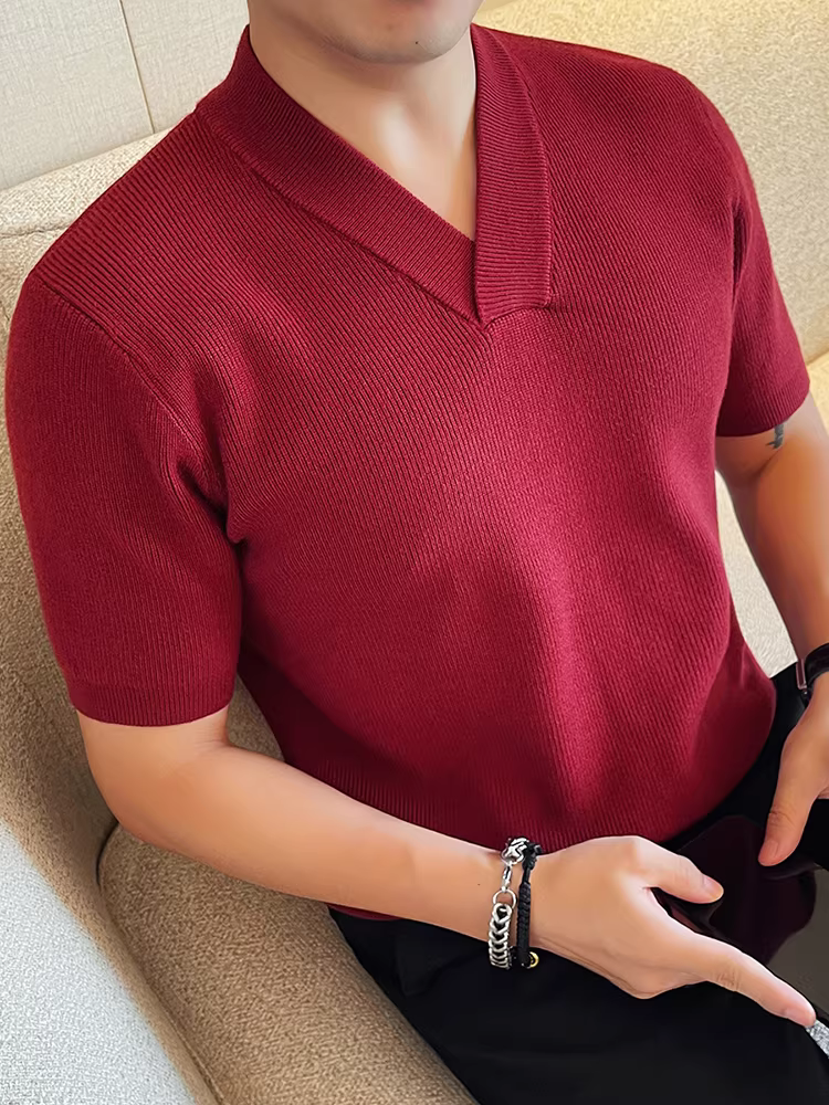 Áo len nam cổ V dày, tay ngắn, kiểu dáng thời trang thu đông 2025, ôm body, chất liệu dệt kim