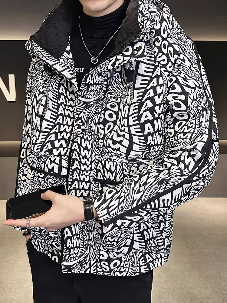 Áo khoác có mũ trùm đầu in hình cao cấp dành cho nam, mùa đông dày dặn, kiểu dáng thời trang, ôm dáng, ngắn gọn, chất lượng cao