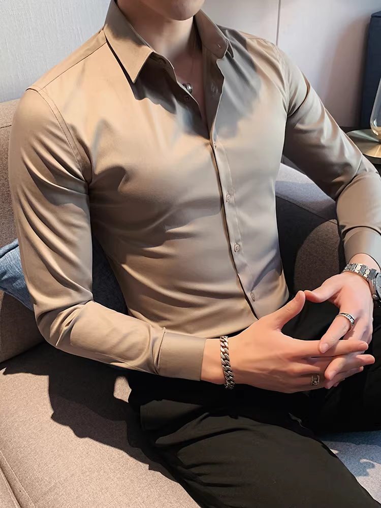 Áo sơ mi nam dài tay mùa xuân thu, phong cách Anh quốc, dáng ôm, trang phục công sở thông thường, áo sơ mi không nhăn, áo sơ mi thông thường màu trơn đa năng, quần áo nam đẹp trai