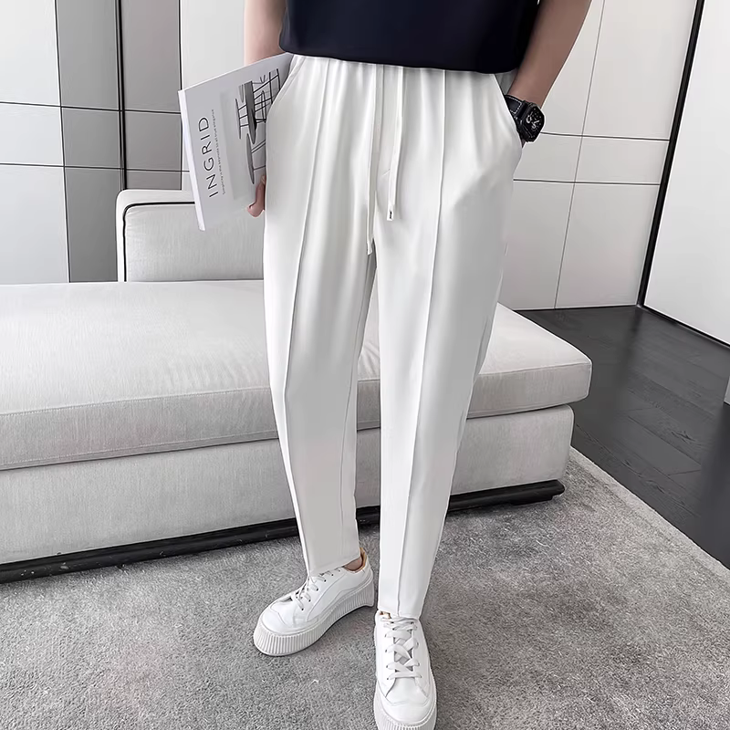 Quần âu nam mùa hè, mỏng, cao cấp, chất liệu lụa đá, thoáng khí, thời trang, dáng rộng, ống thẳng, kiểu dáng lịch lãm.