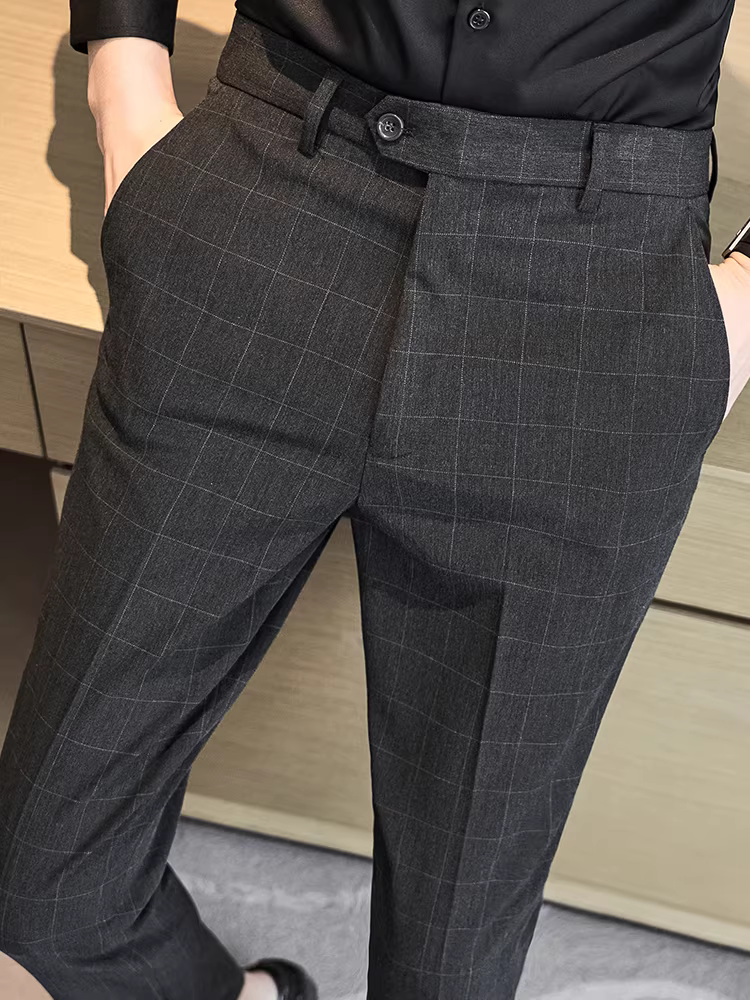 Quần âu kẻ sọc nam, kiểu xuân thu, dáng ôm thời trang, quần tây công sở chống nhăn, phong cách Hàn Quốc, quần dài cao cấp, phong cách thường ngày.