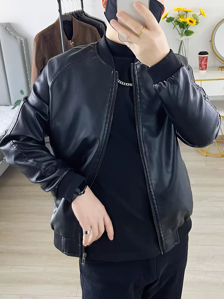 Áo khoác da cổ đứng nam, mẫu mới xuân 2025, thời trang hợp xu hướng, đa năng, kiểu áo khoác ngắn cổ bóng chày