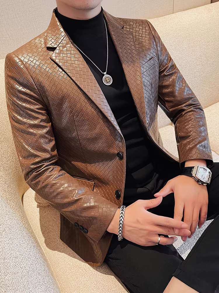 Áo khoác da nam kẻ sọc dệt, dáng ôm, phong cách, cao cấp, lịch sự, đa năng, sang trọng nhẹ nhàng, vest cao cấp