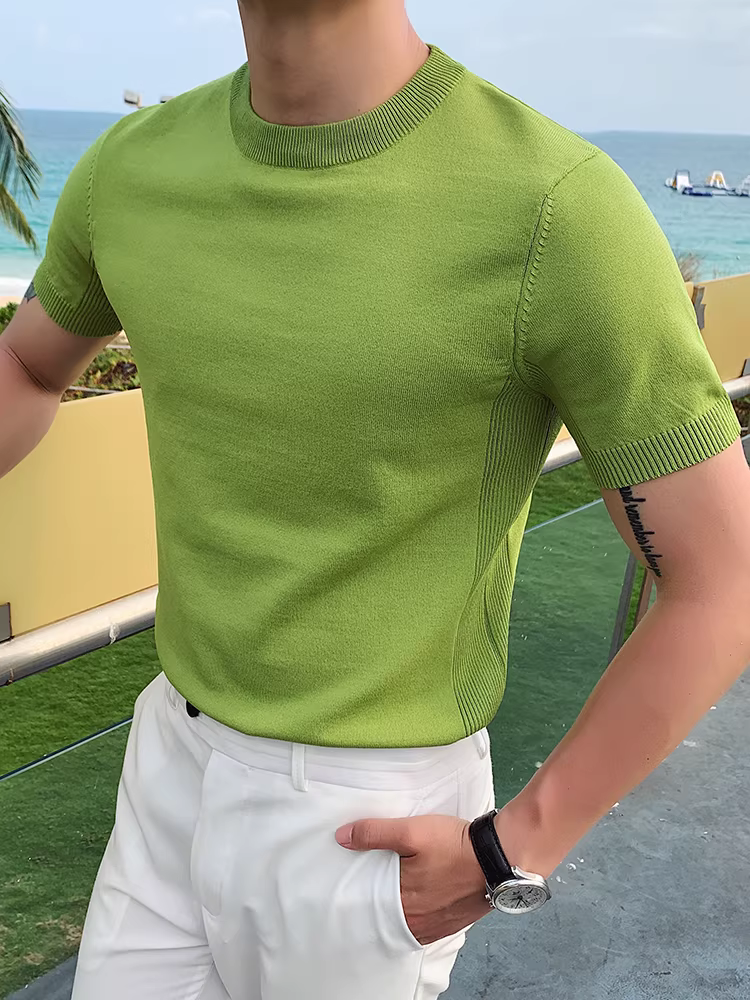 Áo thun nam chất liệu lụa đá, tay ngắn, mùa hè mỏng nhẹ, cao cấp, kiểu dáng Hàn Quốc, ôm body, áo thun nam mặc thường ngày