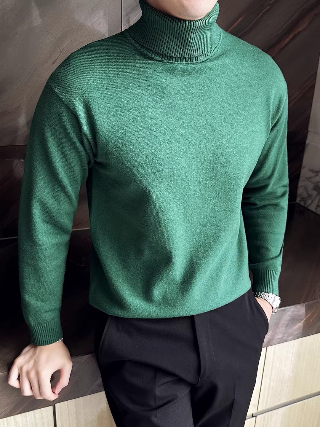 Áo len cổ lọ nam, tay dài, thời trang thu đông, đa năng, ôm dáng, chất lượng cao, áo thun dệt kim cơ bản