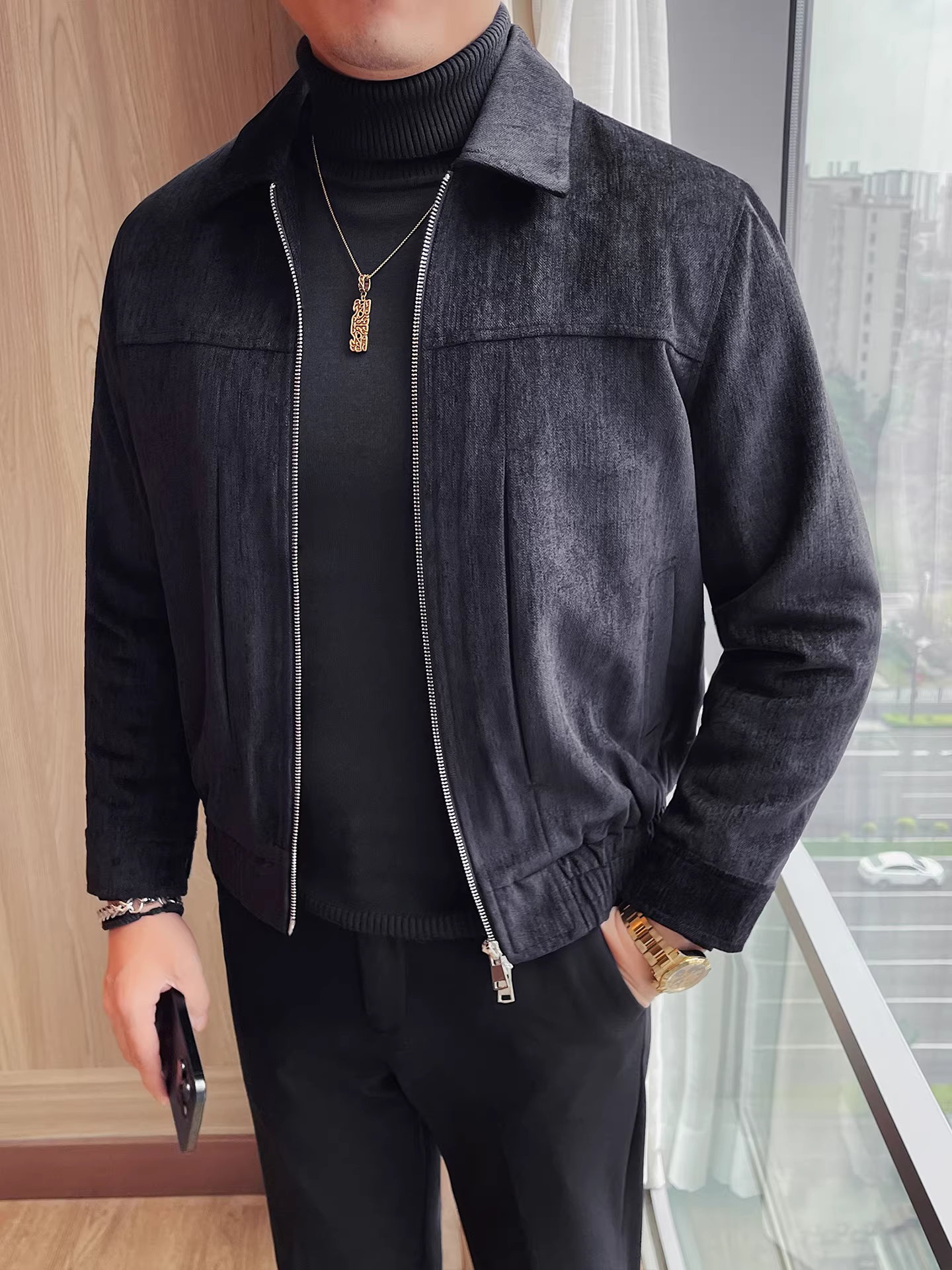 Áo khoác nam lót bông dày dặn chất liệu da lộn, kiểu dáng mới thu đông 2025, cổ trụ ôm dáng ngắn, chất lượng cao