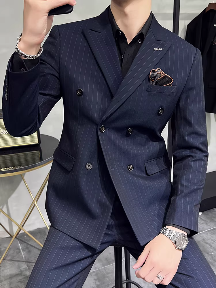 Bộ vest kẻ sọc hai hàng khuy dành cho nam, kiểu xuân thu mới, vest công sở lịch lãm cao cấp, kiểu dáng ôm body, bộ vest cưới chú rể ba món