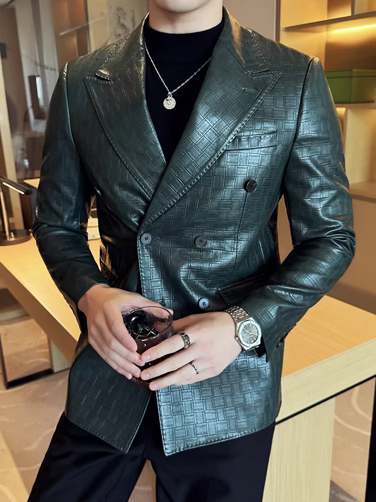 Áo khoác da kiểu dáng Rubik's Cube dành cho nam, kiểu dáng mới mùa xuân thu, phong cách công sở giản dị, hợp thời trang, kiểu dáng Anh, ôm dáng.