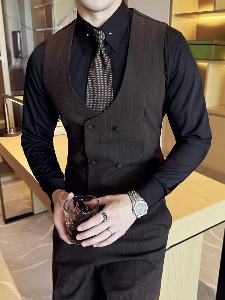 Áo vest sọc đôi ngực kiểu Anh dành cho nam, đa năng cho mùa xuân và mùa thu, trang phục công sở thông thường, vest phù rể kiểu dáng ôm vừa vặn theo phong cách Anh