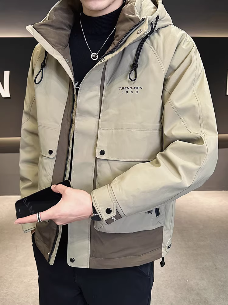 Áo khoác nam có mũ trùm đầu mùa đông 2024 kiểu mới cao cấp chống lạnh ấm dày dặn phối màu áo khoác công nhân ngoài trời