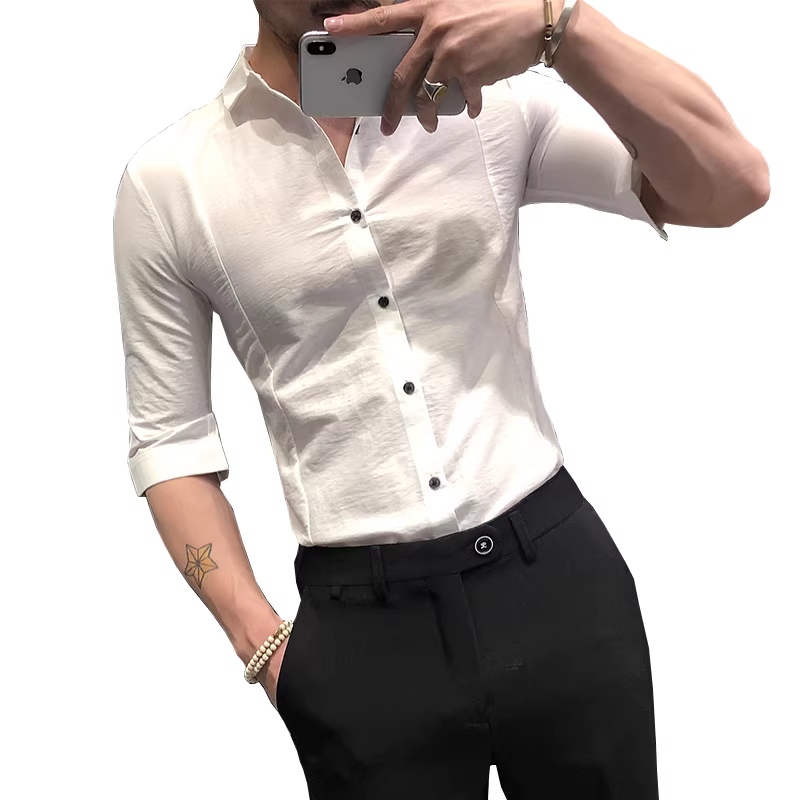 Áo sơ mi nam tay ba phần mùa hè, áo sơ mi nam ngắn tay chất liệu lụa đá mỏng, kiểu dáng ôm body màu trắng, thiết kế cao cấp.