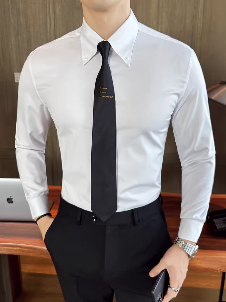 Áo sơ mi nam kiểu Pháp, cổ nhọn lớn, tay dài, kiểu dáng công sở lịch lãm, phong cách Anh quốc cao cấp, mẫu mới xuân thu 2025