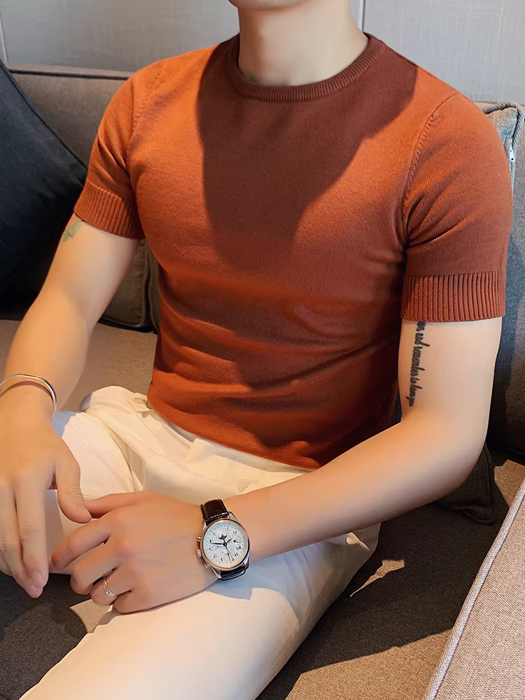 Áo len cổ tròn thu đông cho nam, dáng ôm, phong cách Hàn Quốc, hợp thời trang, đa năng, áo thun lụa băng, tay lửng, áo thun dệt kim ngắn tay thông thường.