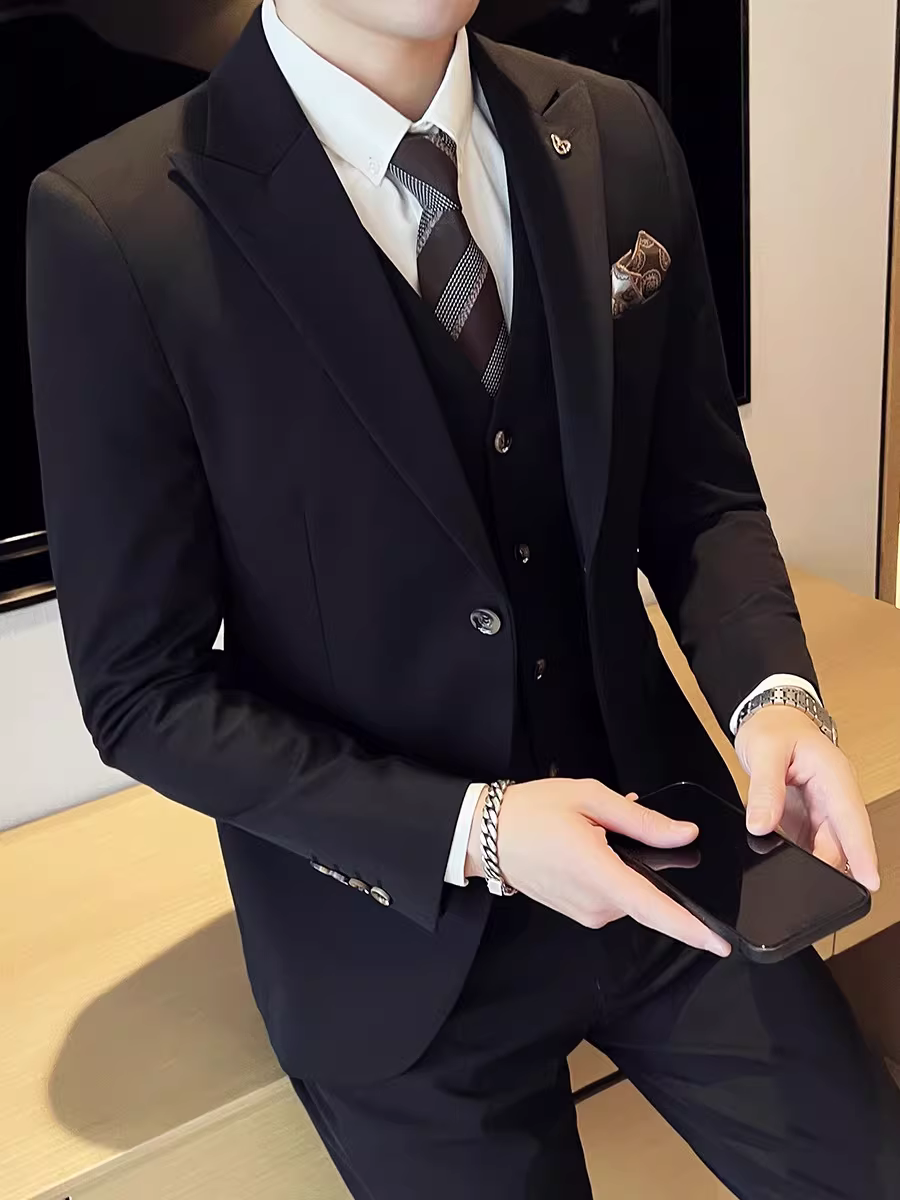 Bộ vest hai cúc dành cho nam, trang phục công sở lịch sự dành cho các cuộc phỏng vấn, đi làm, người dẫn chương trình, tiệc chiêu đãi, bộ vest ba mảnh
