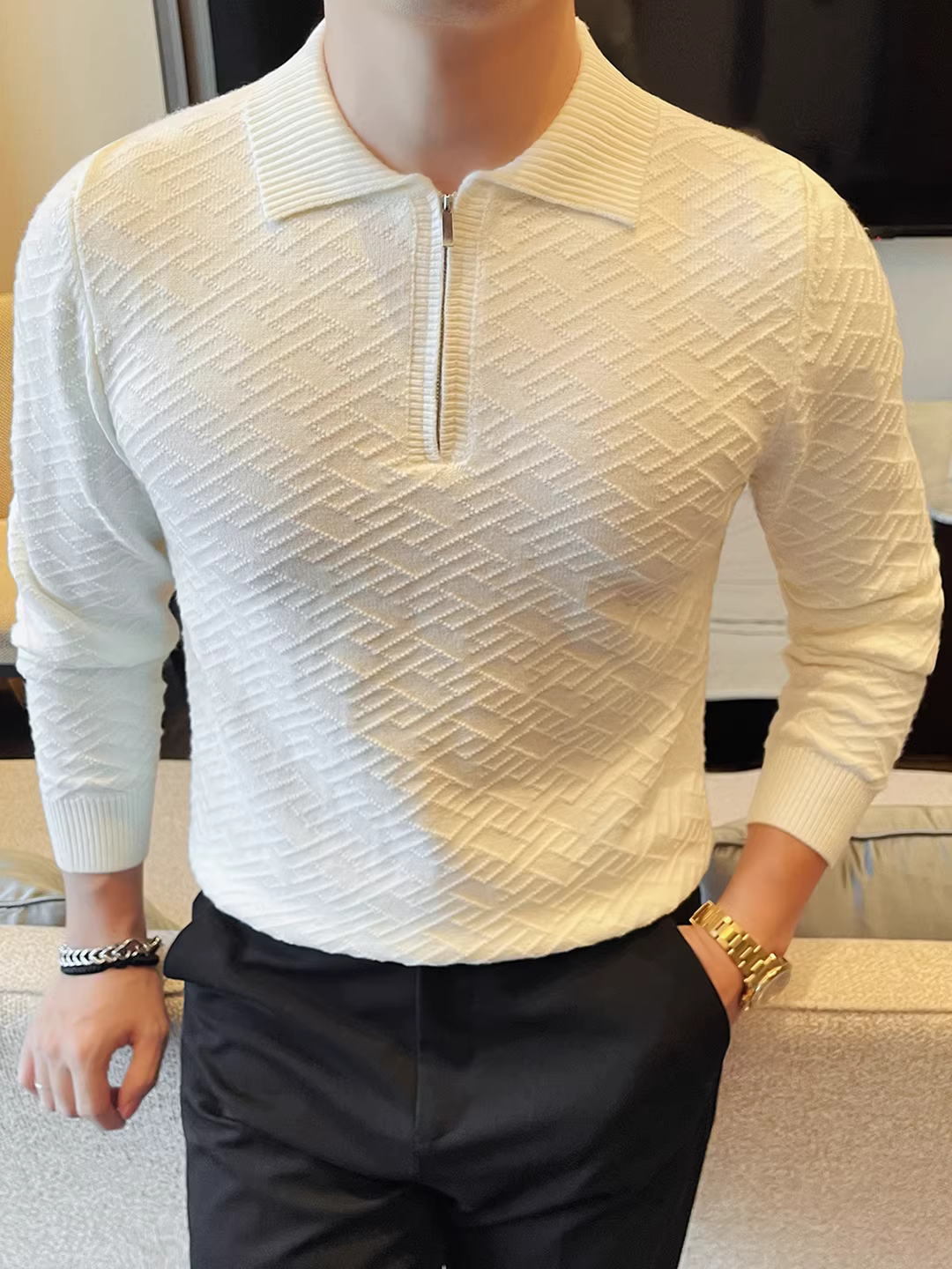 Áo len nam cổ lọ nửa khóa kéo, tay dài, dày dặn cho mùa thu đông, dáng rộng, đa năng, thời trang, hợp xu hướng, áo thun dệt kim thông thường.