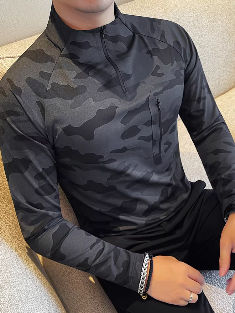 Áo thun nam cổ đứng nửa cao khóa kéo chất liệu da cá mập, tay dài, kiểu mới thu đông 2025, ôm body co giãn cao, kiểu áo trơn màu rằn ri.