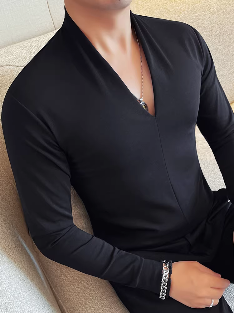 Áo thun nam cổ V, tay dài, thời trang thu đông 2025, kiểu dáng ôm body, chất lượng cao, áo lót trong