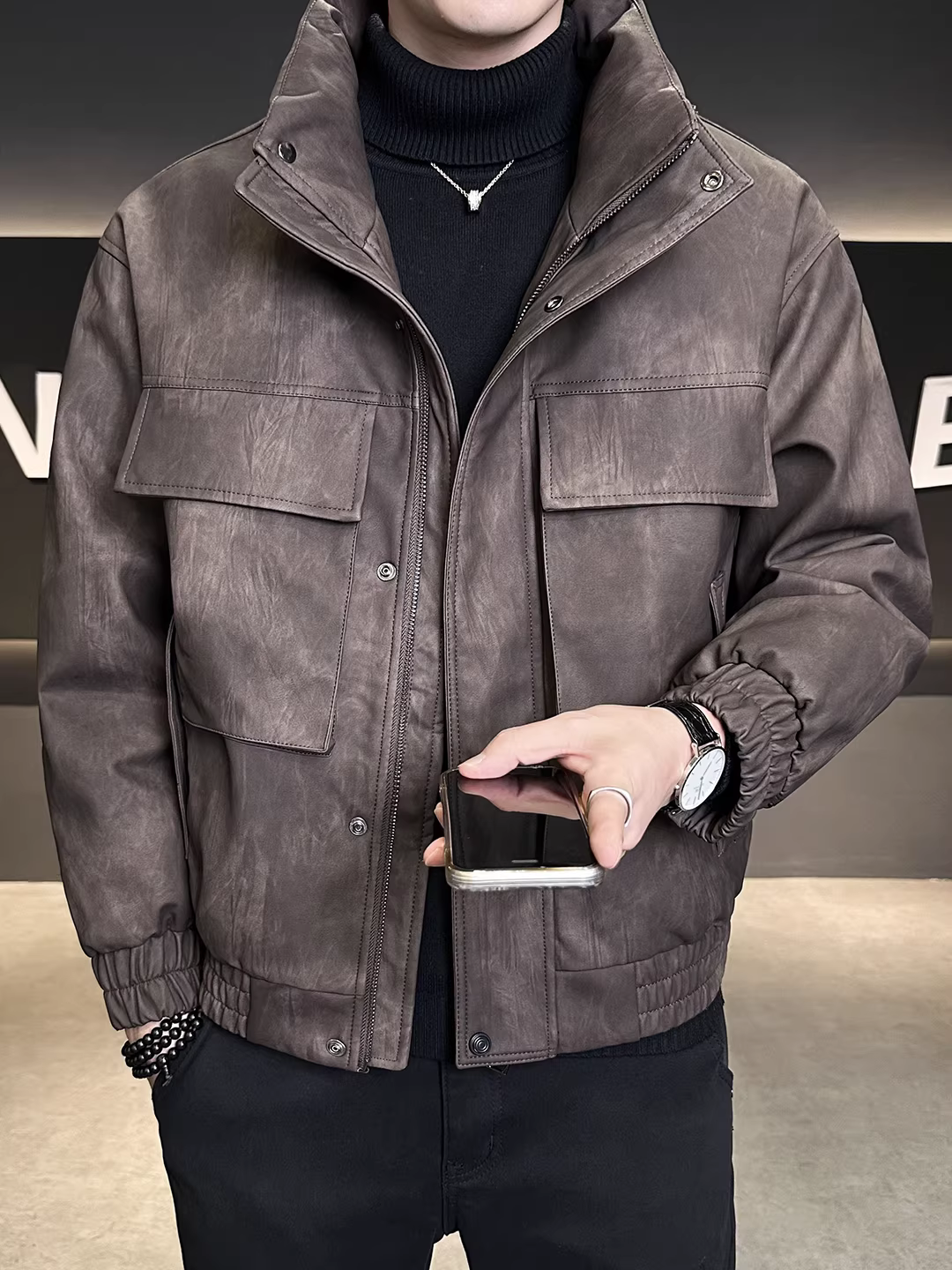 Áo khoác da nam mùa đông 2025 kiểu dáng mới thời trang, rộng rãi, ngắn, dày dặn, ấm áp, chất lượng cao, chống lạnh