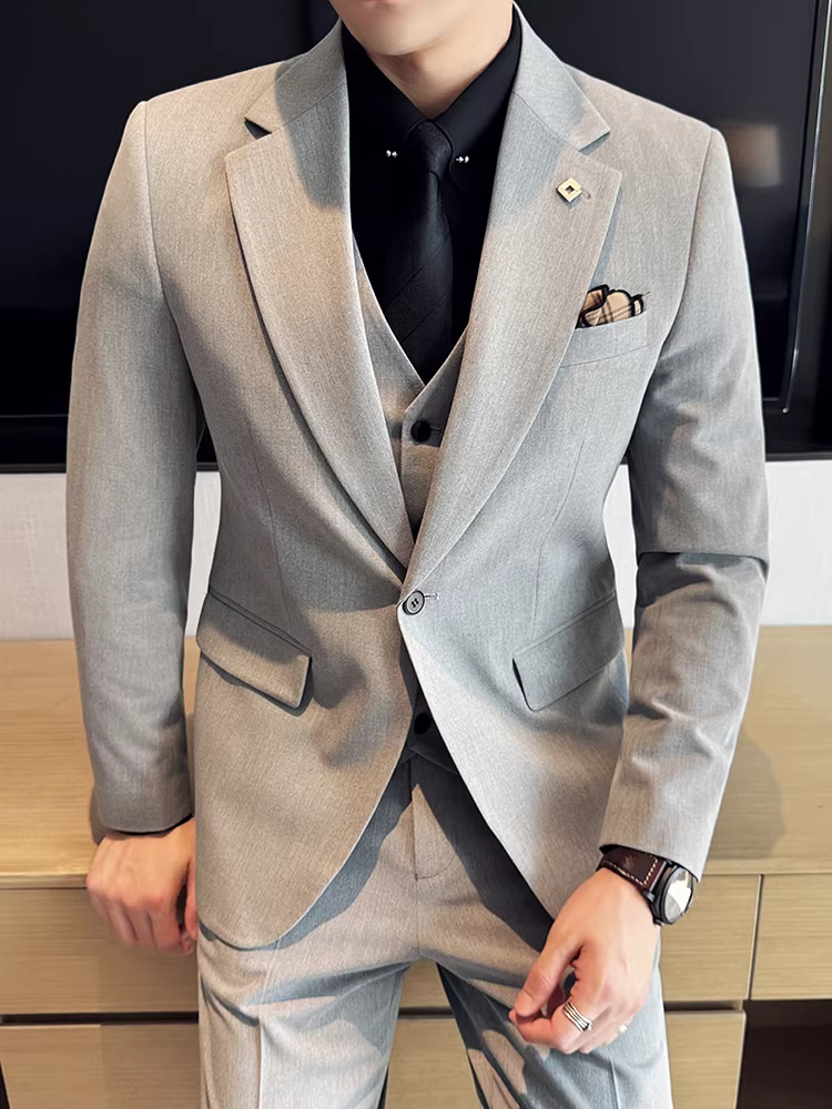 Bộ vest nam một nút, kiểu dáng mới xuân thu, cao cấp, ôm dáng, lịch lãm, phù hợp cho đám cưới, bộ ba món