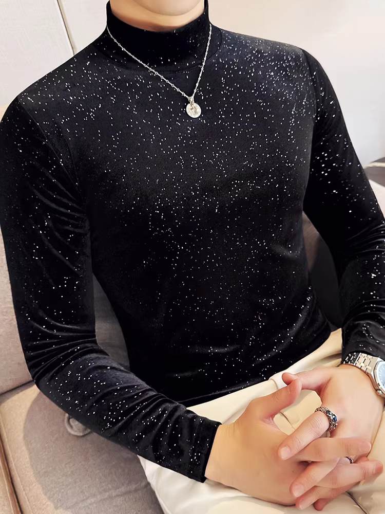 Áo thun nam cổ cao nửa cổ nhung Gypsophila, dài tay, xu hướng thời trang thu đông, ôm vừa vặn, áo sơ mi cổ tròn co giãn