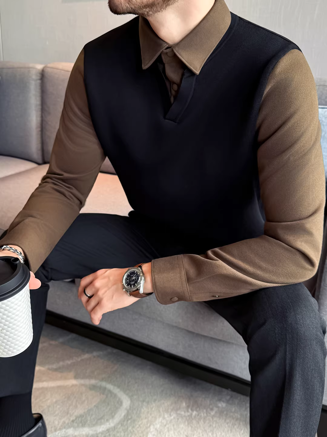 Áo len dày giả hai lớp cổ chữ V dành cho nam, áo len dệt kim chất lượng cao tay dài mùa thu đông