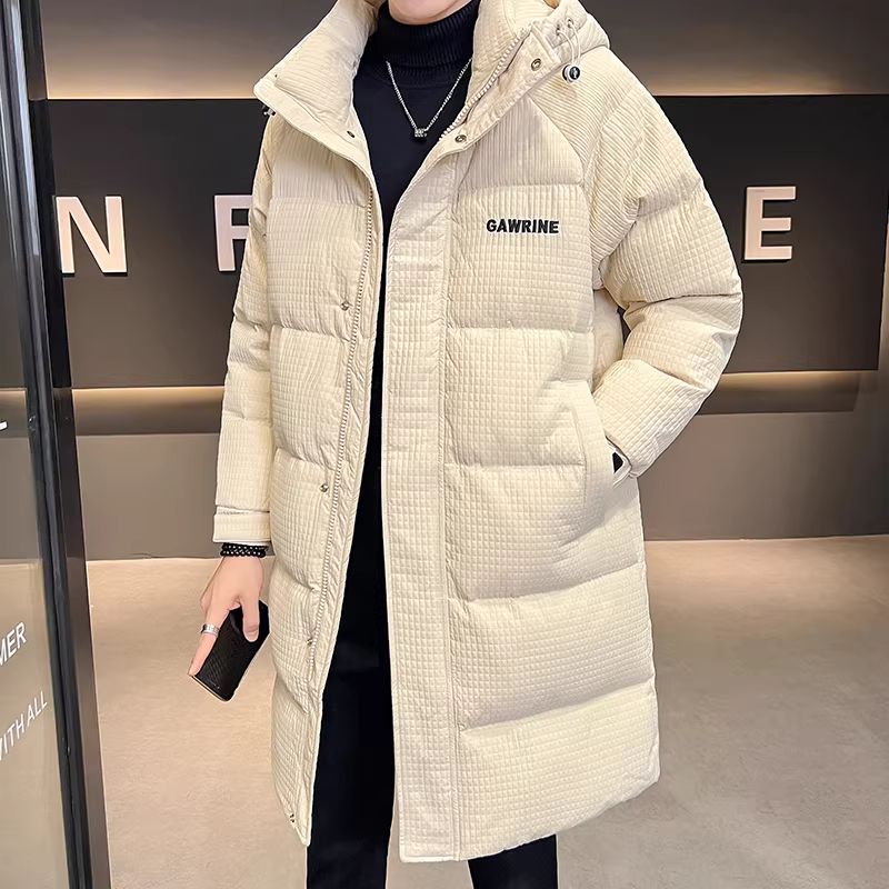 Áo khoác nam mùa đông dày dặn, chất liệu vải waffle, dáng dài trung bình, kiểu dáng mới năm 2025, áo khoác có mũ trùm đầu rộng rãi, phong cách giản dị và thời trang.