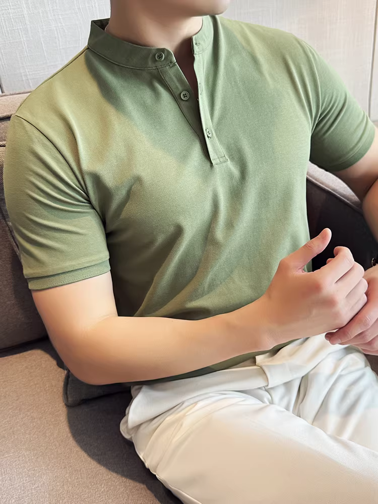 Áo sơ mi polo cổ đứng phong cách Trung Quốc mới dành cho nam, tay ngắn, kiểu dáng mỏng mùa hè, giản dị, đa năng, thoải mái, thoáng khí, áo thun ôm vừa vặn cao cấp
