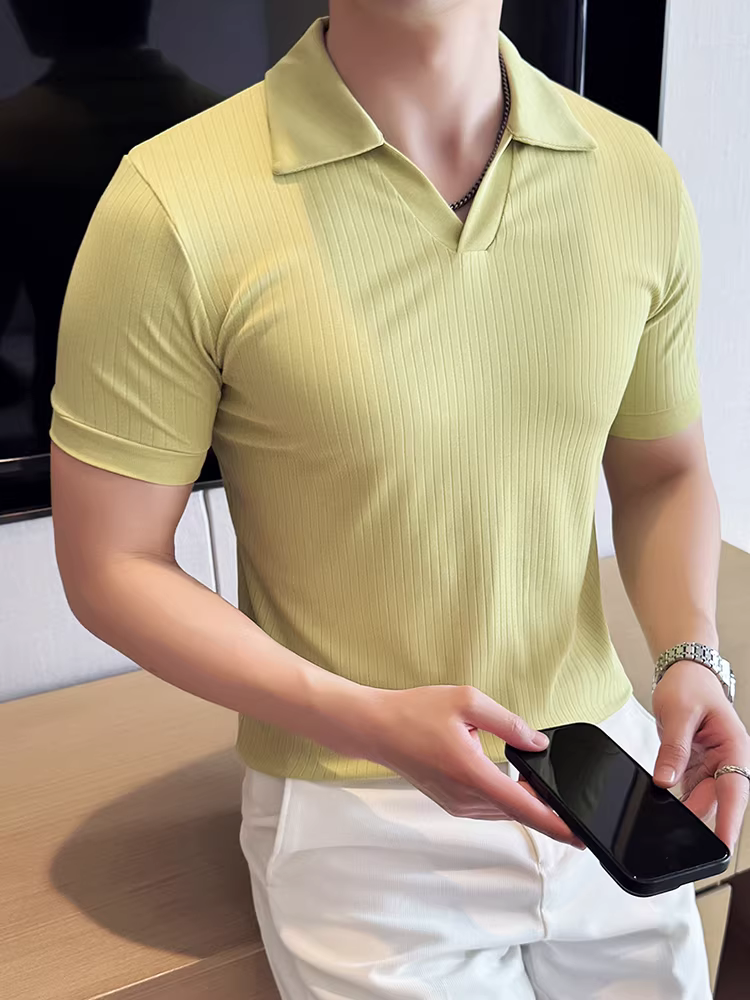 Áo polo nam ngắn tay sọc tối màu, kiểu dáng mỏng mùa hè, thời trang, hợp xu hướng, ôm dáng, đẹp trai, đa năng, áo thun cổ chữ V cao cấp