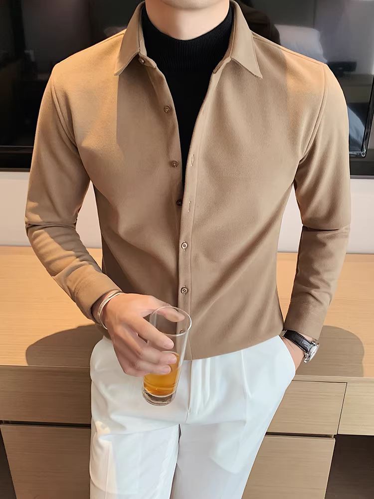 Áo sơ mi len giả hai mảnh dành cho nam, dài tay, dày dặn cho mùa thu đông, ấm áp, cao cấp, phong cách công sở giản dị, áo dệt kim chắp vá.