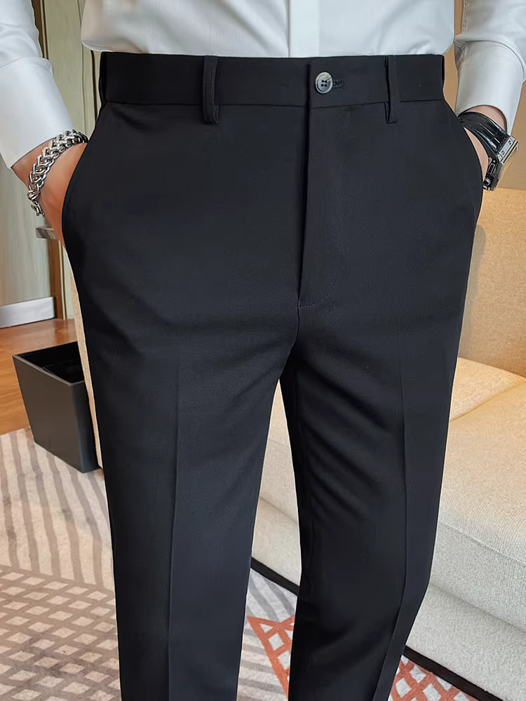 Quần âu nam kiểu dáng mới mùa xuân thu, chất liệu trơn màu, đa năng, thời trang, ôm dáng, ống côn, lưng thun.